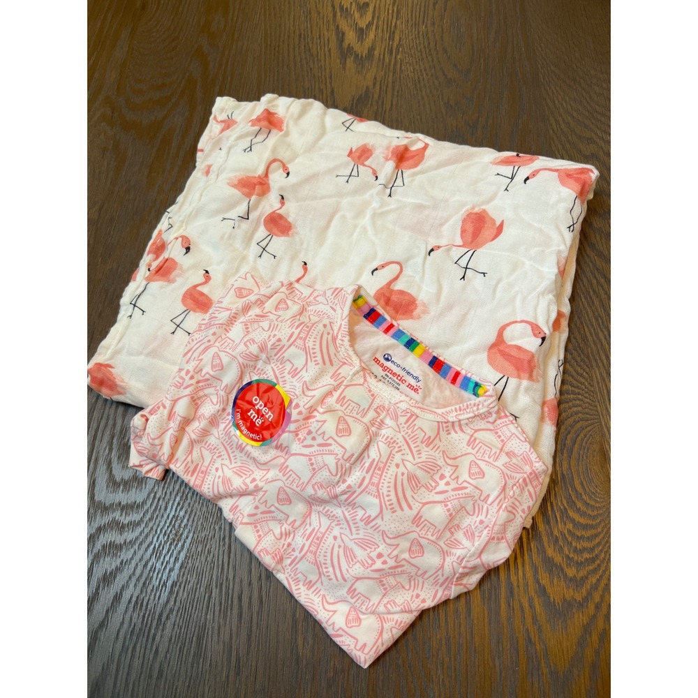 Magnetic Me Pink Safari Footie 12-18M & Little Unicorn Flamingo Swaddle Set NEW